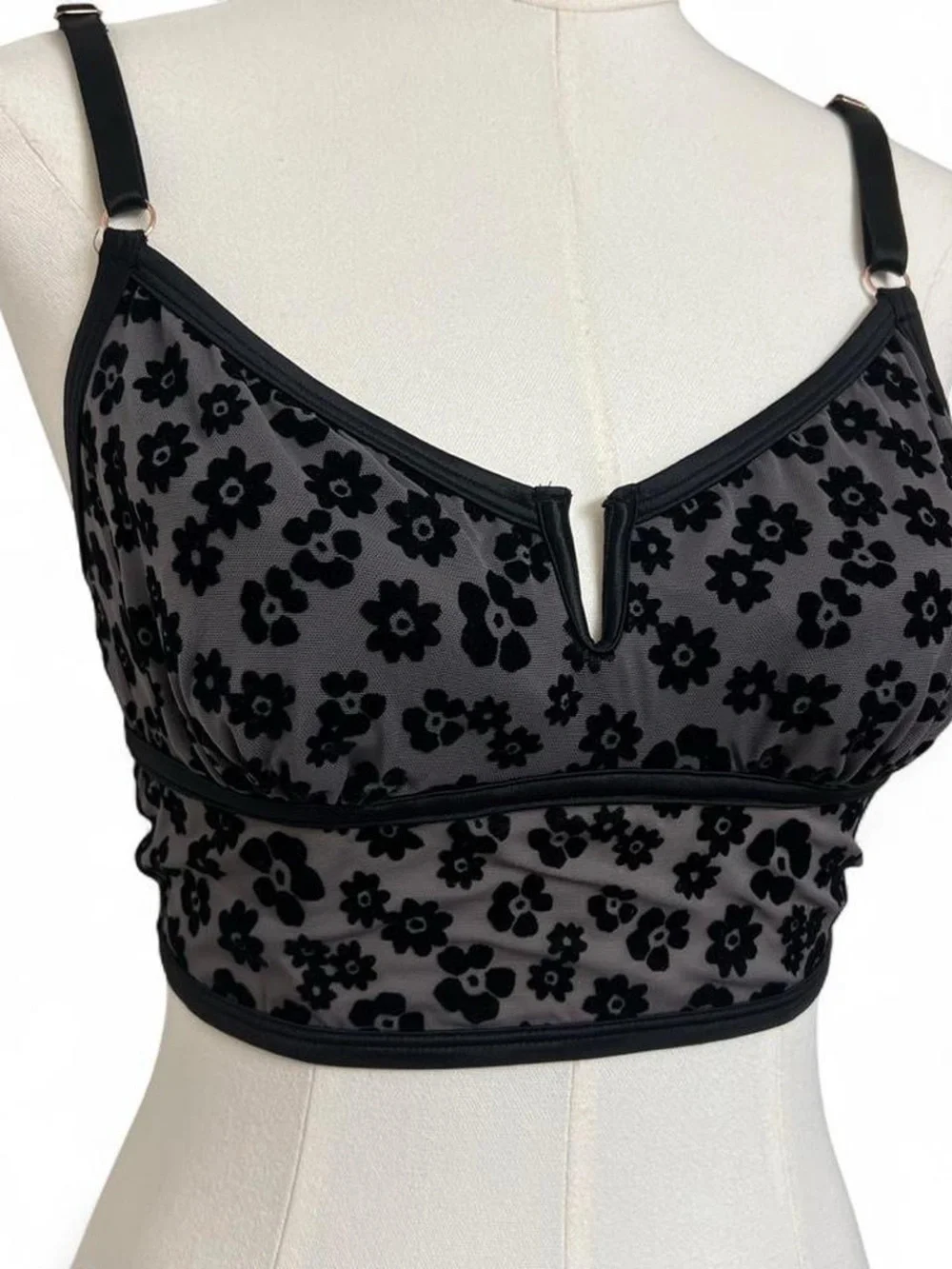 PINK Victoria’s Secret gray black velvet floral crop tank top bralette grunge